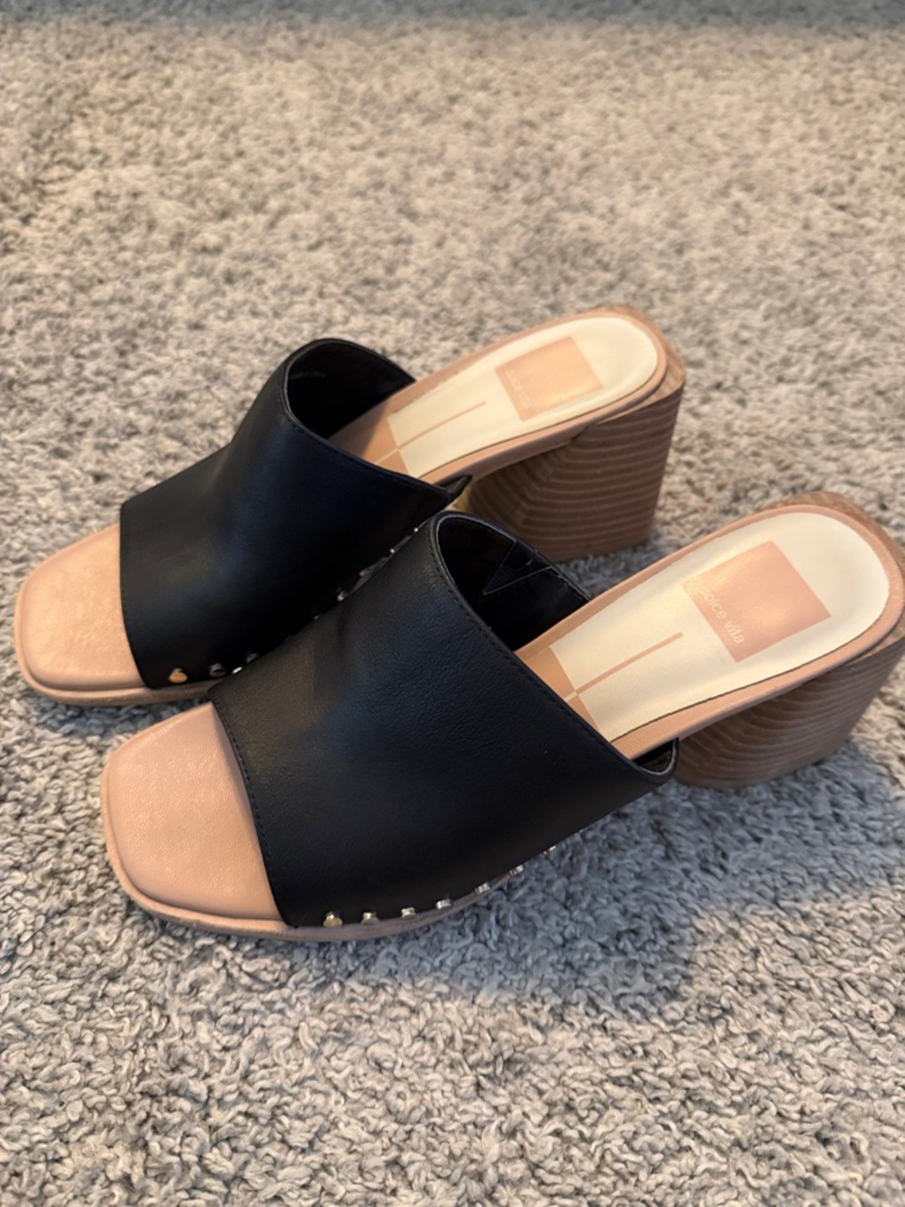 Dolce Vita Black and Nude Open-Side Block Heel Mules